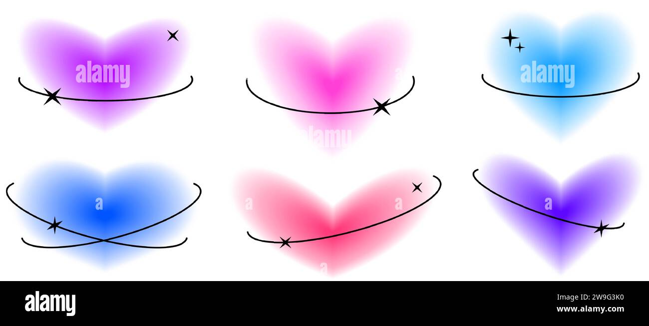 Cœurs Y2K avec éléments de ligne eclipse définis. Collection tendance de formes d'aura floues. Dégradé lisse flou avec des orbites ovales pour logo, modèle, badge, autocollant, collage, icône. Pack cœur Vector Sparkle Illustration de Vecteur