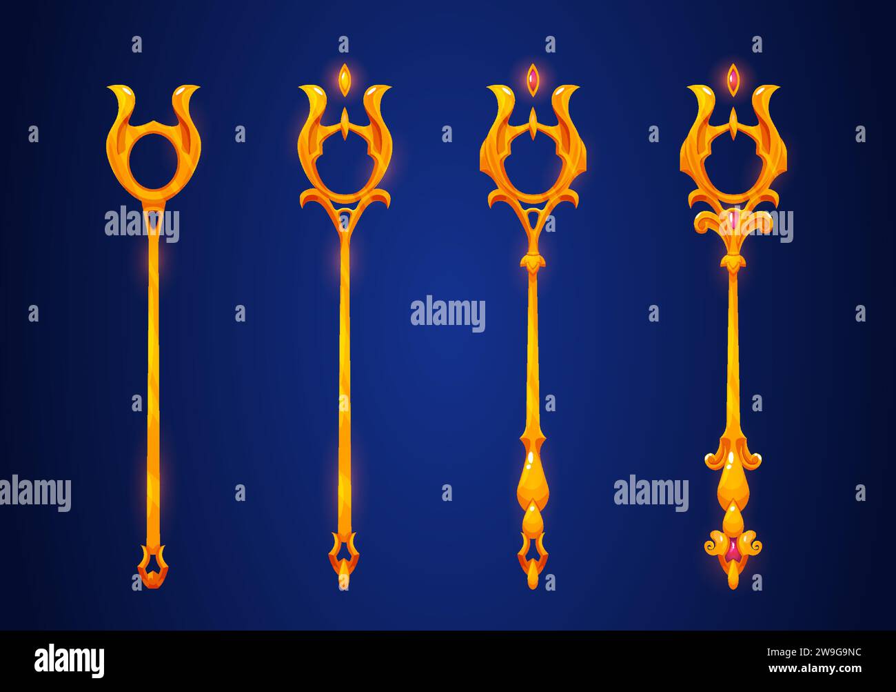 Sceptre fantaisie en métal doré pour la conception de l'interface utilisateur de niveau de jeu. Ensemble d'illustration vectorielle de dessin animé de l'évolution du décor de magicien et magicien arme fantastique. Sorcerer enchantment Stuff pour rpg Asset. Illustration de Vecteur