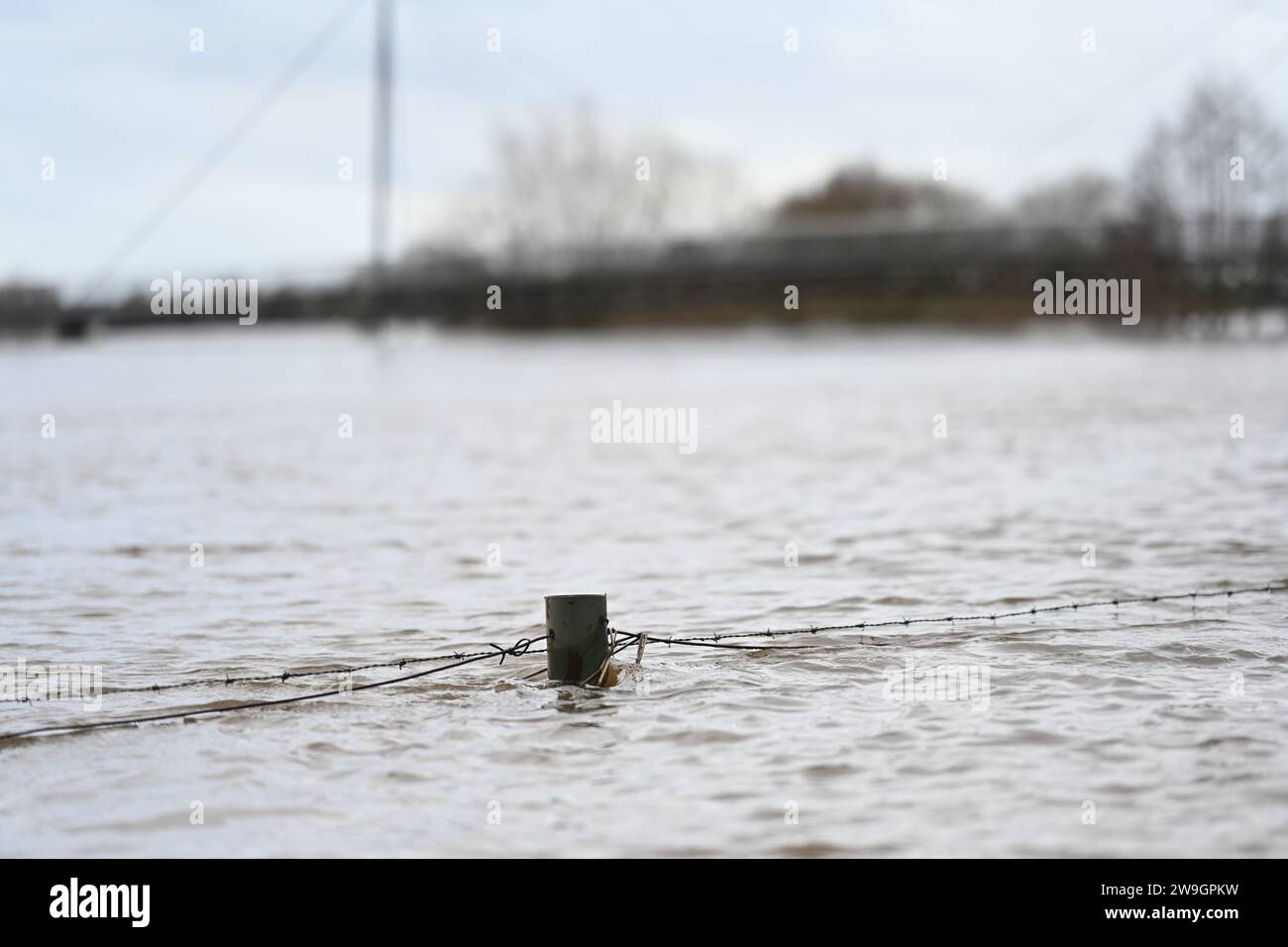 Meppen, Allemagne. 28 décembre 2023. Vue de la zone inondée après que la rivière EMS a éclaté ses rives. Crédit : Lars Penning/dpa/Alamy Live News Banque D'Images