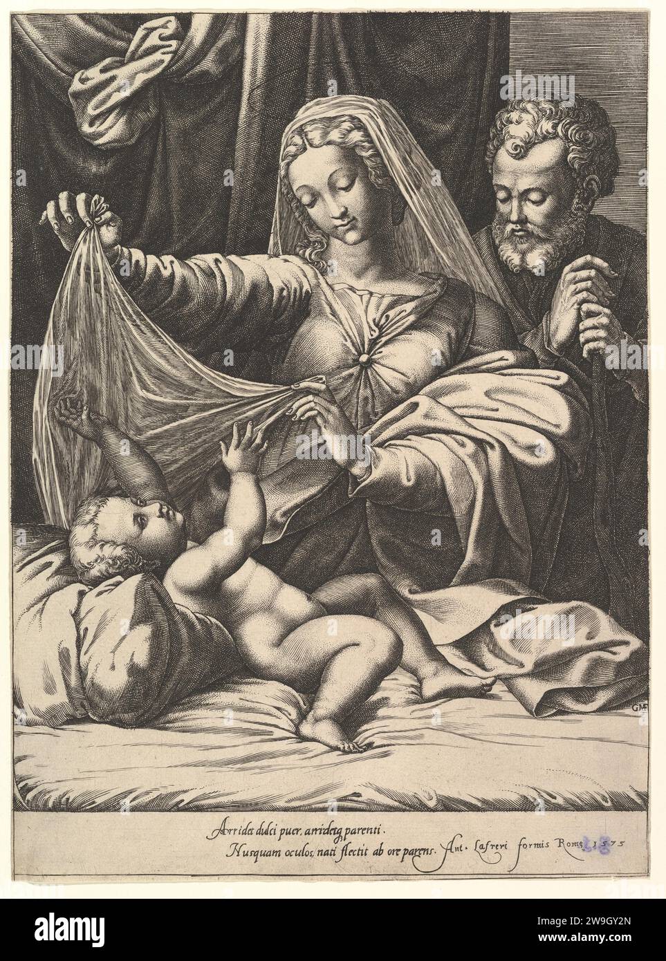 Madonna de Loreto, la Vierge lève un voile au-dessus de l'enfant, qui est allongé sur un lit et un oreiller, Joseph se tient derrière avec les deux mains sur son bâton 2012 par Giorgio Ghisi Banque D'Images