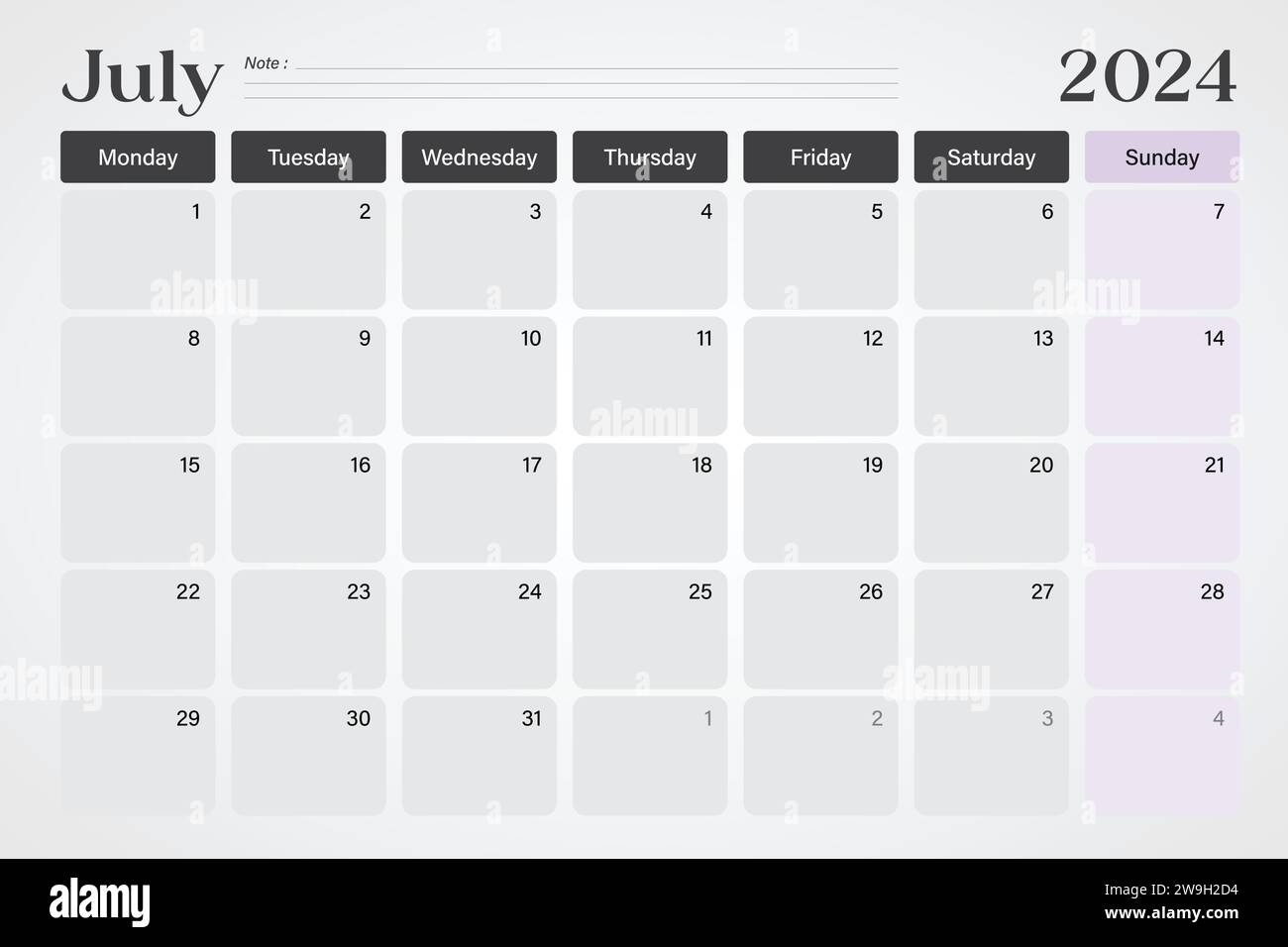 Calendrier de juillet 2024 ou planificateur de bureau dans des couleurs gris doux et violet avec des lignes de note vides, les semaines commencent le lundi, conception d'illustration vectorielle Illustration de Vecteur