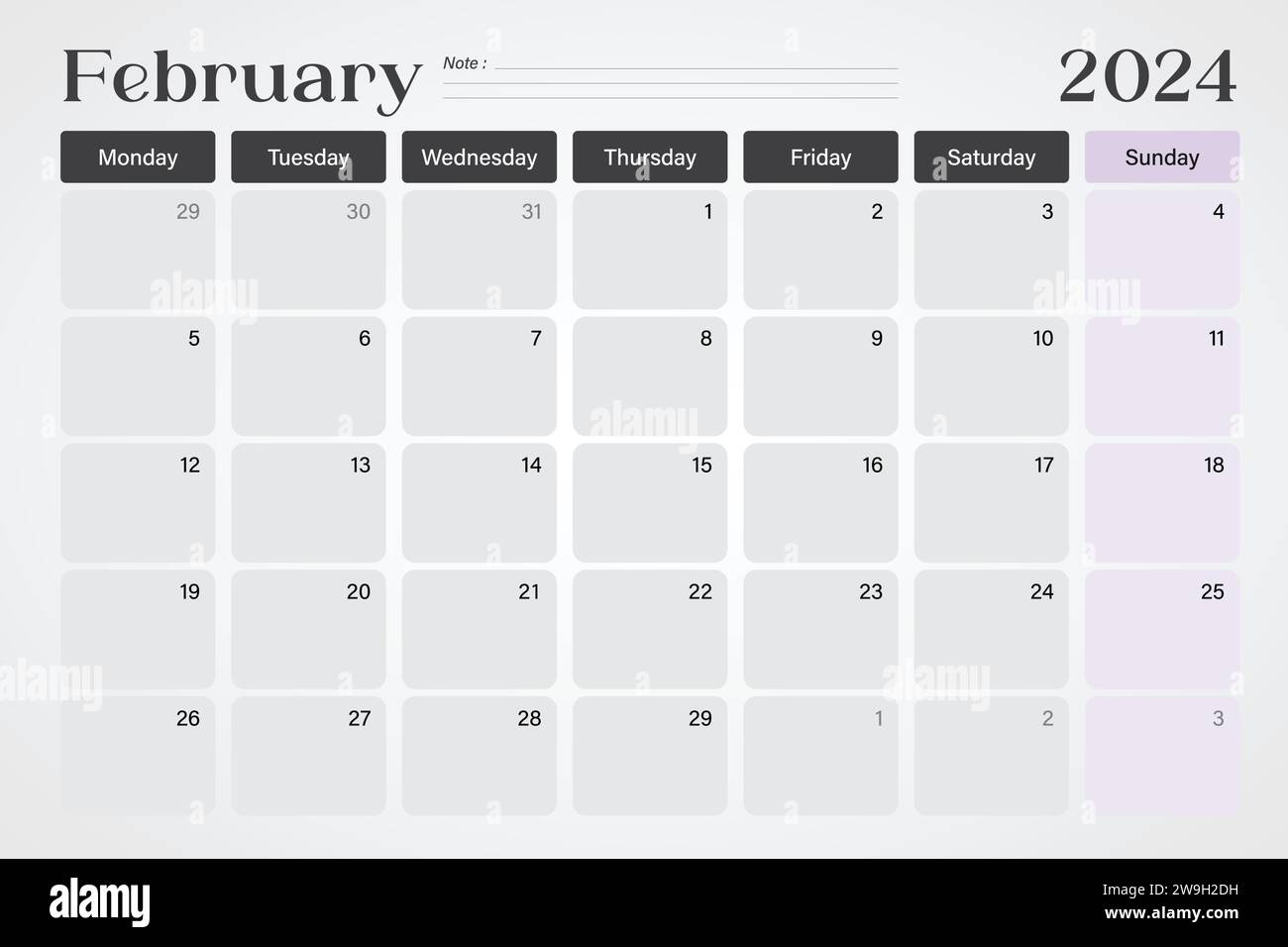 Calendrier ou planificateur de bureau de février 2024 dans des couleurs gris doux et violet avec des lignes de note vides, les semaines commencent le lundi, conception d'illustration vectorielle Illustration de Vecteur