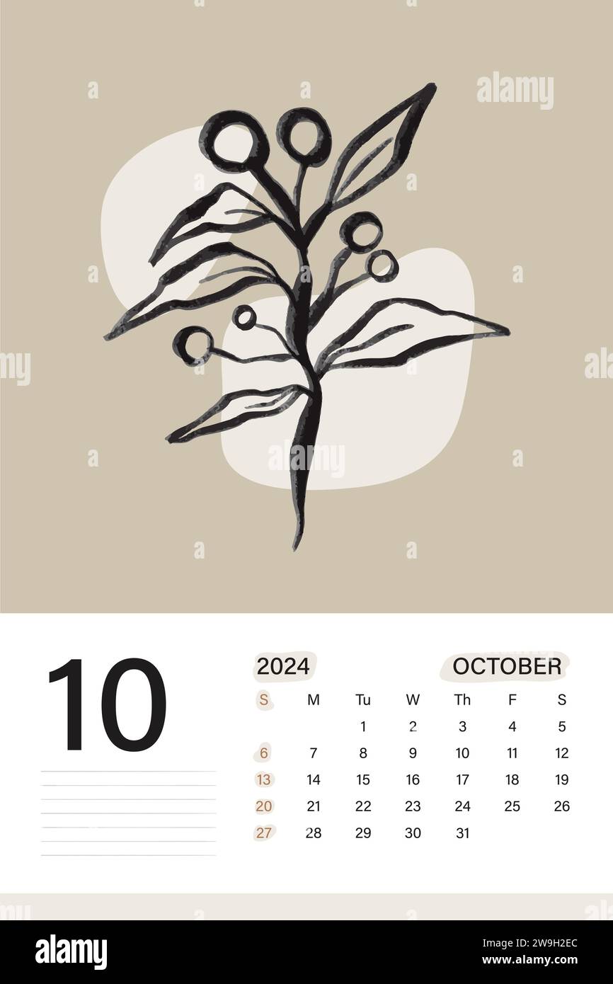 Calendrier mural octobre 2024 en thème de couleur beige doux avec art botanique, les semaines commencent le lundi, conception d'illustration vectorielle Illustration de Vecteur