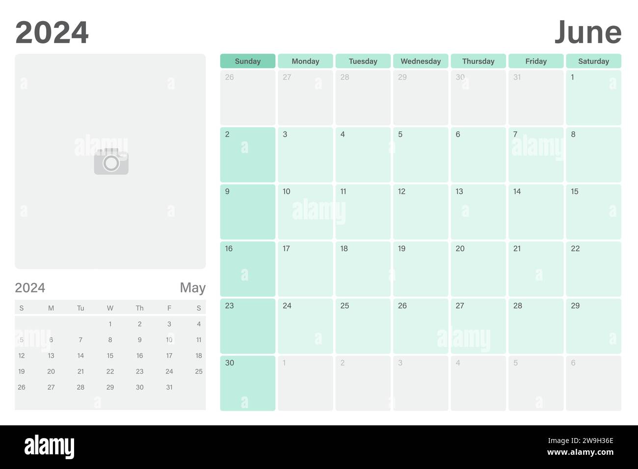 Calendrier de table de juin 2024 ou planificateur de bureau avec espace pour votre photo, conception vectorielle, les semaines commencent le dimanche Illustration de Vecteur