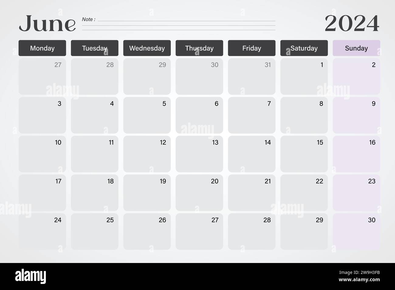 Calendrier de juin 2024 ou planificateur de bureau dans des couleurs gris doux et violet avec des lignes de note vides, les semaines commencent le lundi, conception d'illustration vectorielle Illustration de Vecteur