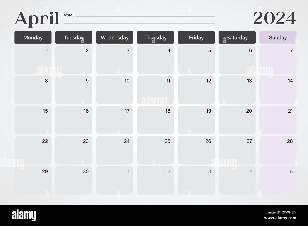 Calendrier d'avril 2024 ou planificateur de bureau dans des couleurs gris doux et violet avec des lignes de note vides, les semaines commencent le lundi, conception d'illustration vectorielle Illustration de Vecteur