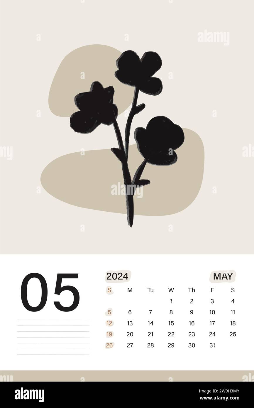Calendrier mural mai 2024 en thème de couleur beige doux avec art botanique, les semaines commencent le lundi, conception d'illustration vectorielle Illustration de Vecteur