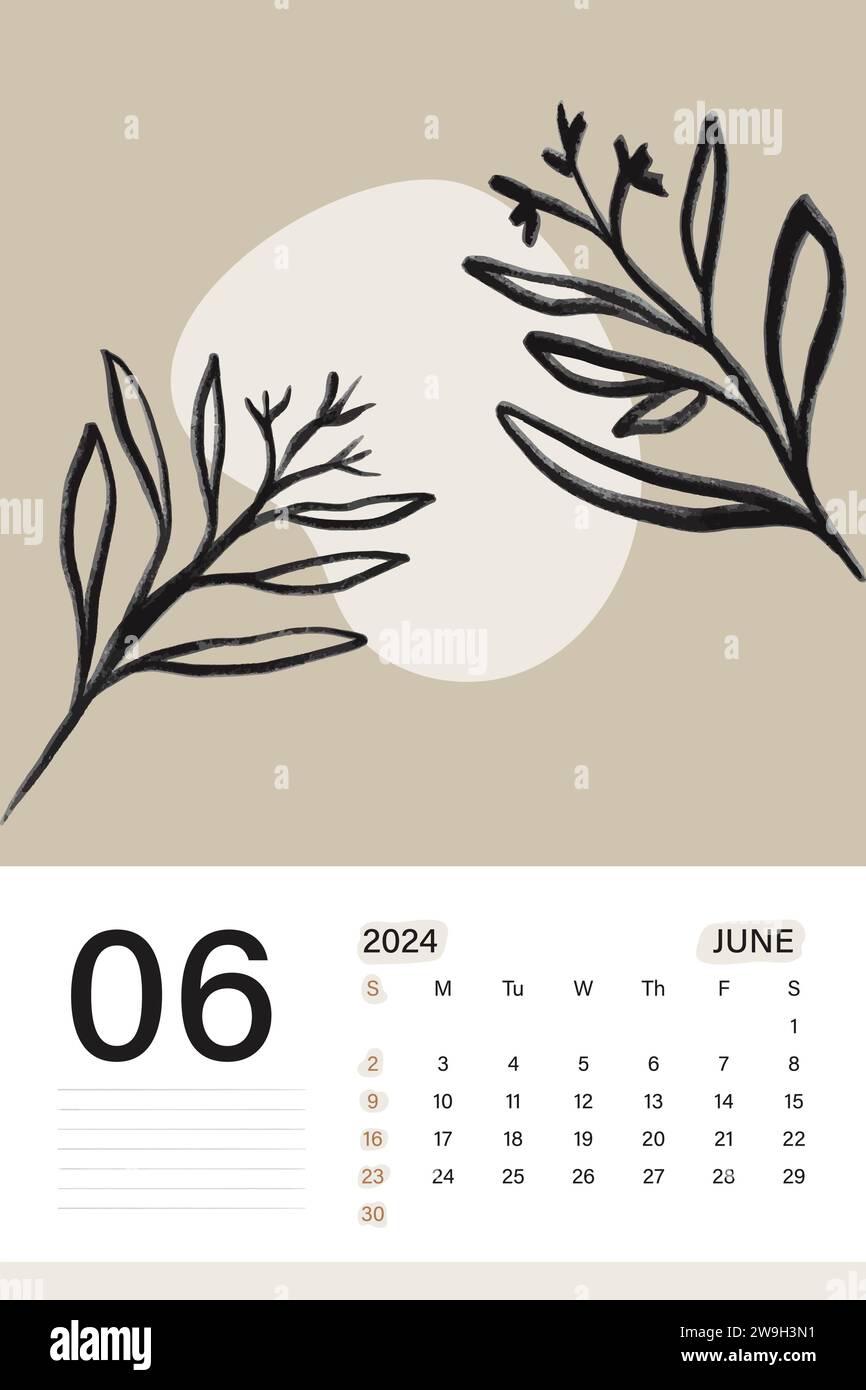 Calendrier mural de juin 2024 en thème de couleur beige doux avec art botanique, les semaines commencent le lundi, conception d'illustration vectorielle Illustration de Vecteur