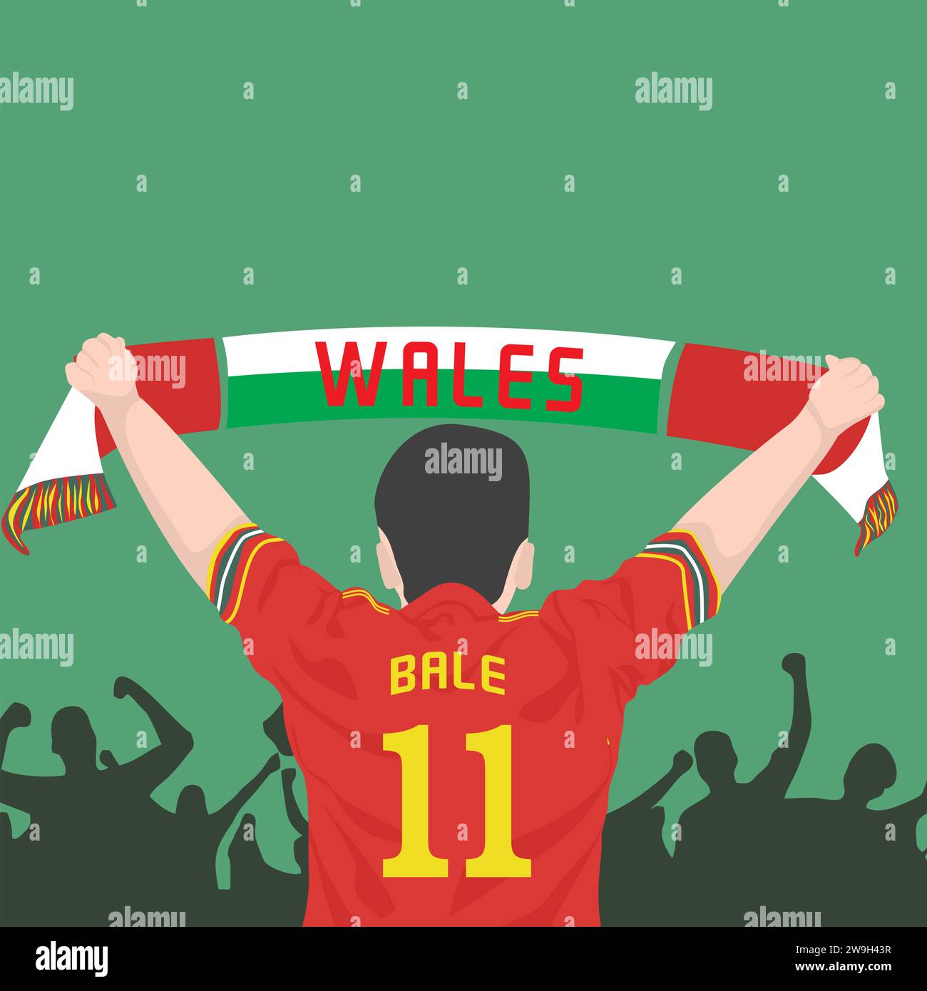 Une main de fan en signe de soutien à l'équipe DU PAYS DE GALLES. Silhouette de foule de gens. bannière sportive. bac jaune vert Illustration de Vecteur