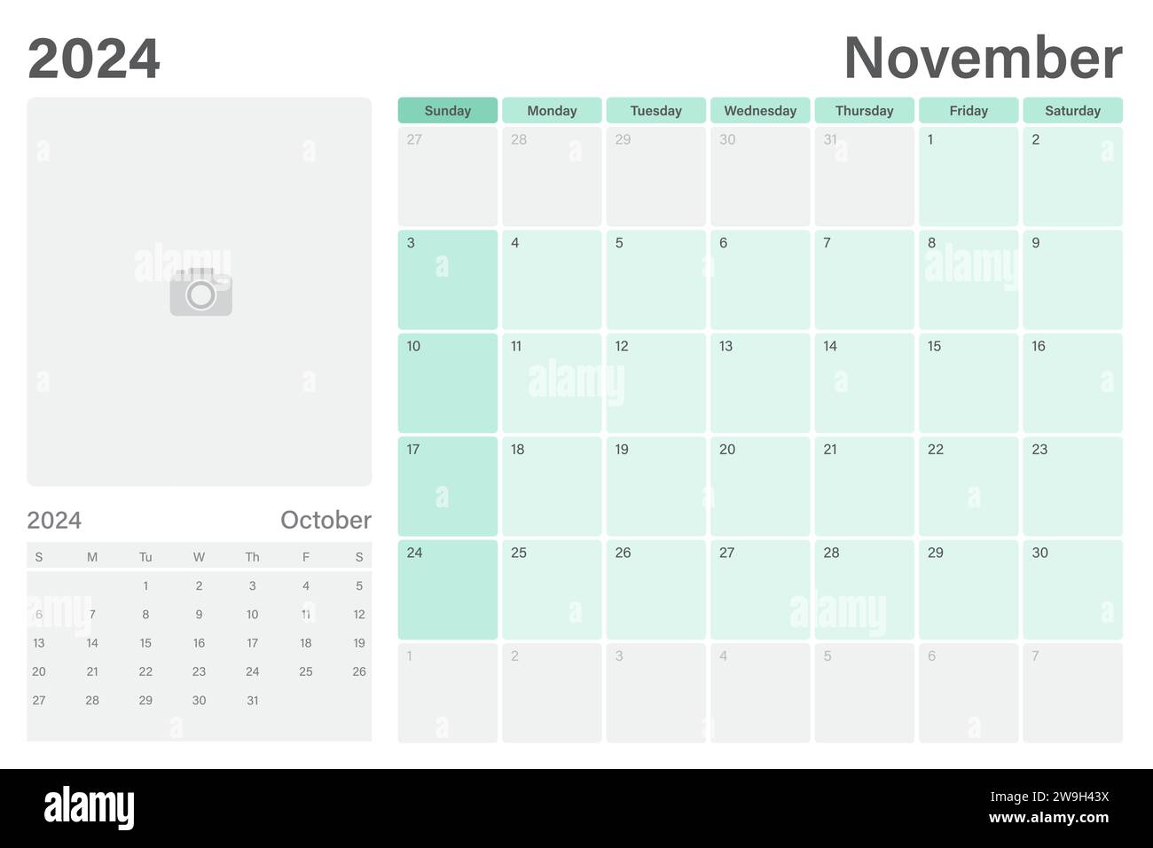 Calendrier de table de novembre 2024 ou planificateur de bureau avec espace pour votre photo, conception vectorielle, les semaines commencent le dimanche Illustration de Vecteur
