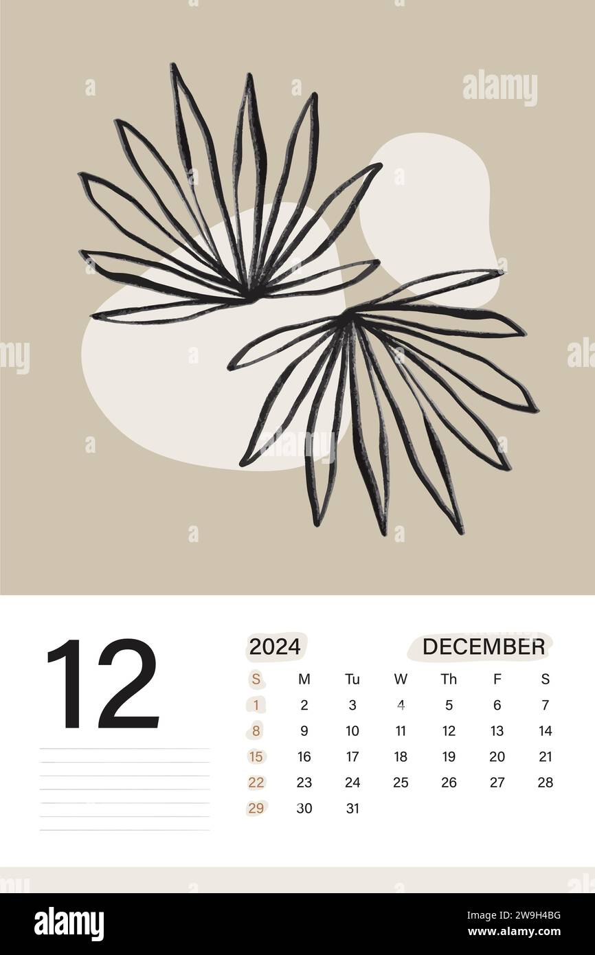Calendrier mural décembre 2024 en thème de couleur beige doux avec art botanique, les semaines commencent le lundi, conception d'illustration vectorielle Illustration de Vecteur