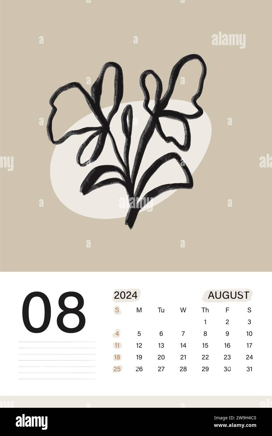 Calendrier mural août 2024 en thème de couleur beige doux avec art botanique, les semaines commencent le lundi, conception d'illustration vectorielle Illustration de Vecteur