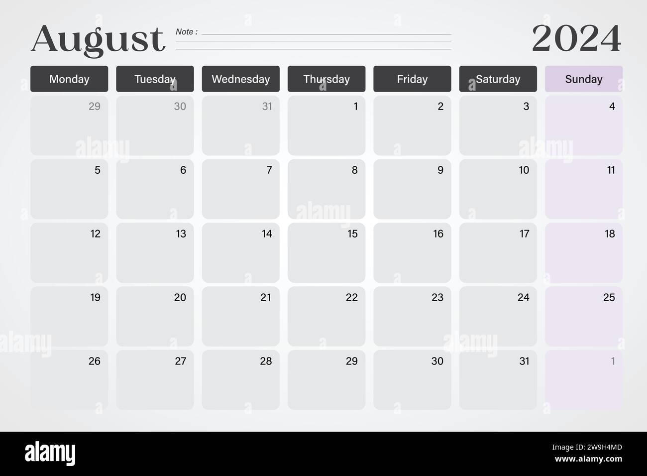 Calendrier août 2024 ou planificateur de bureau dans des couleurs gris doux et violet avec des lignes de note vides, les semaines commencent le lundi, conception d'illustration vectorielle Illustration de Vecteur