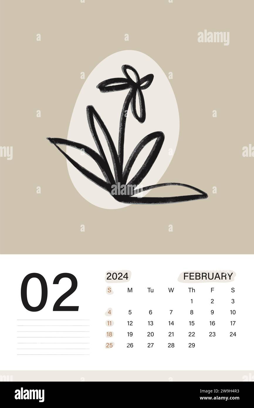 Calendrier mural février 2024 en thème de couleur beige doux avec art botanique, les semaines commencent le lundi, conception d'illustration vectorielle Illustration de Vecteur