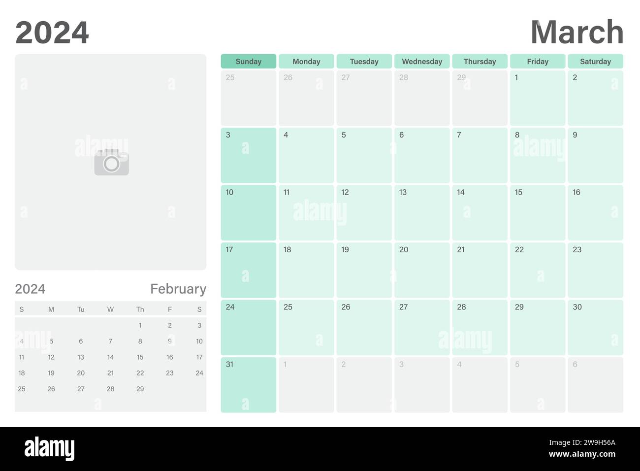 Calendrier de table mars 2024 ou planificateur de bureau avec espace pour votre photo, conception vectorielle, les semaines commencent le dimanche Illustration de Vecteur