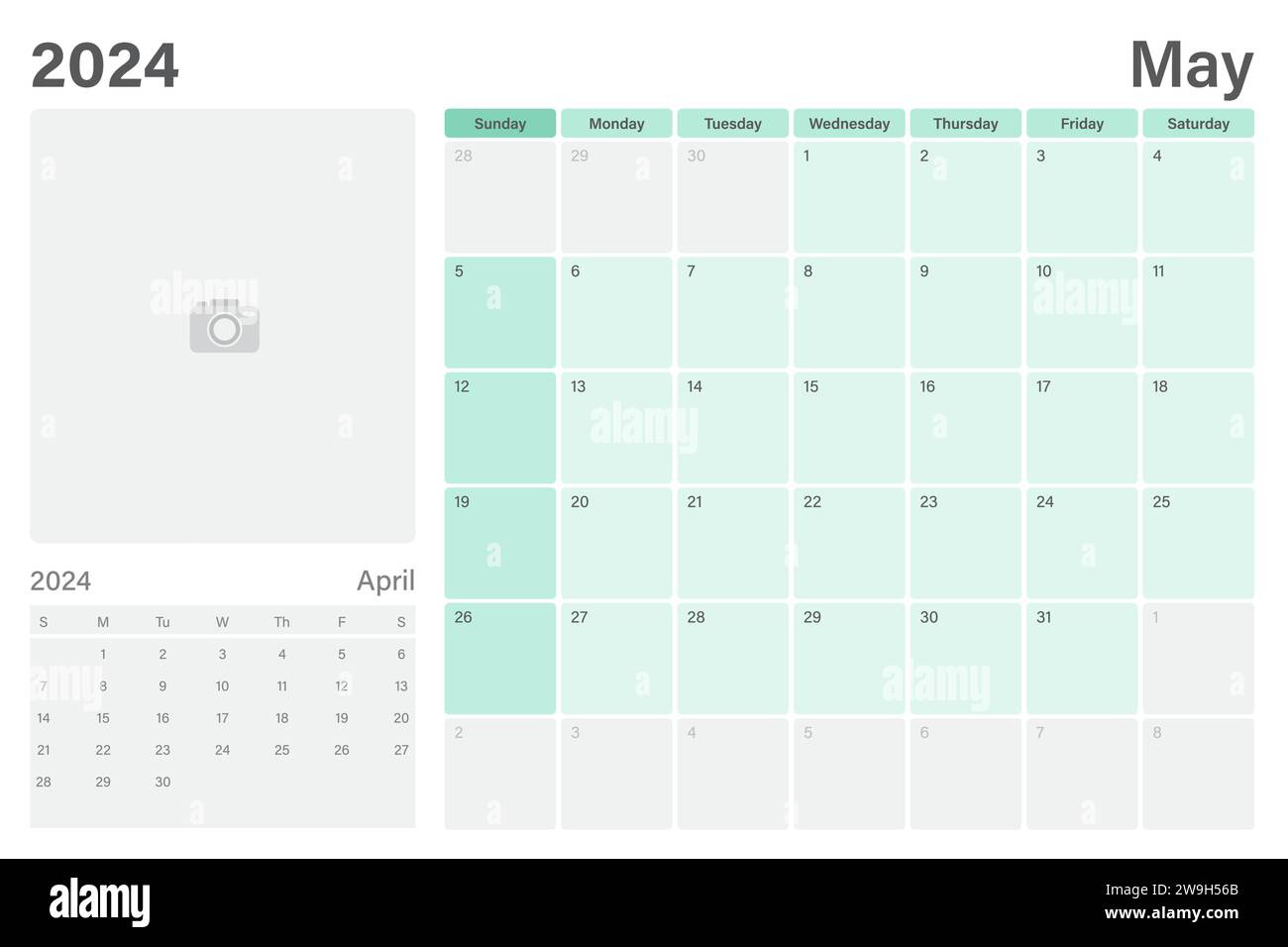 Mai 2024 calendrier de table ou planificateur de bureau avec espace pour votre photo, conception vectorielle, les semaines commencent le dimanche Illustration de Vecteur
