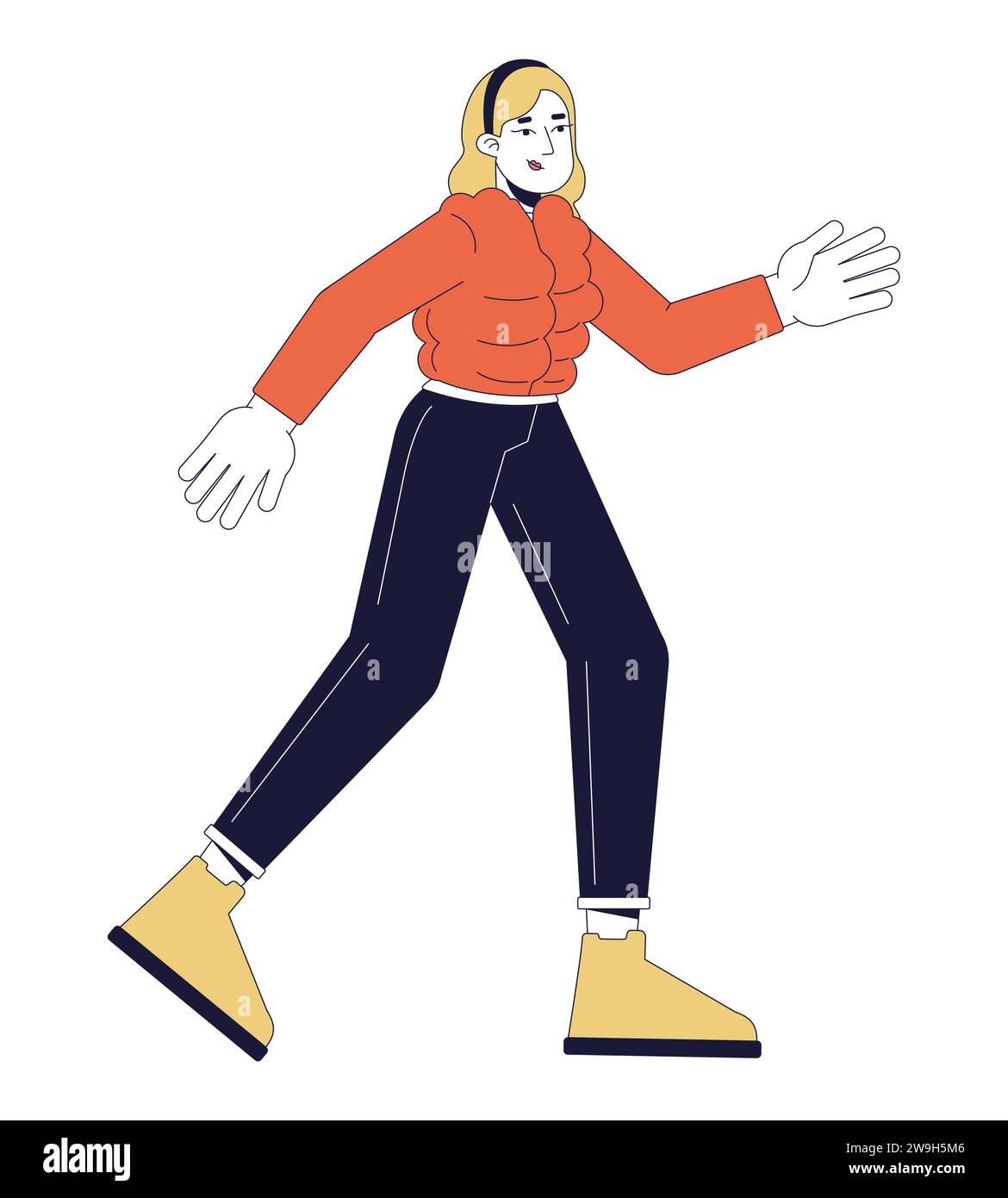 Femme blonde jogging par temps froid personnage de dessin animé linéaire 2D. Illustration de Vecteur