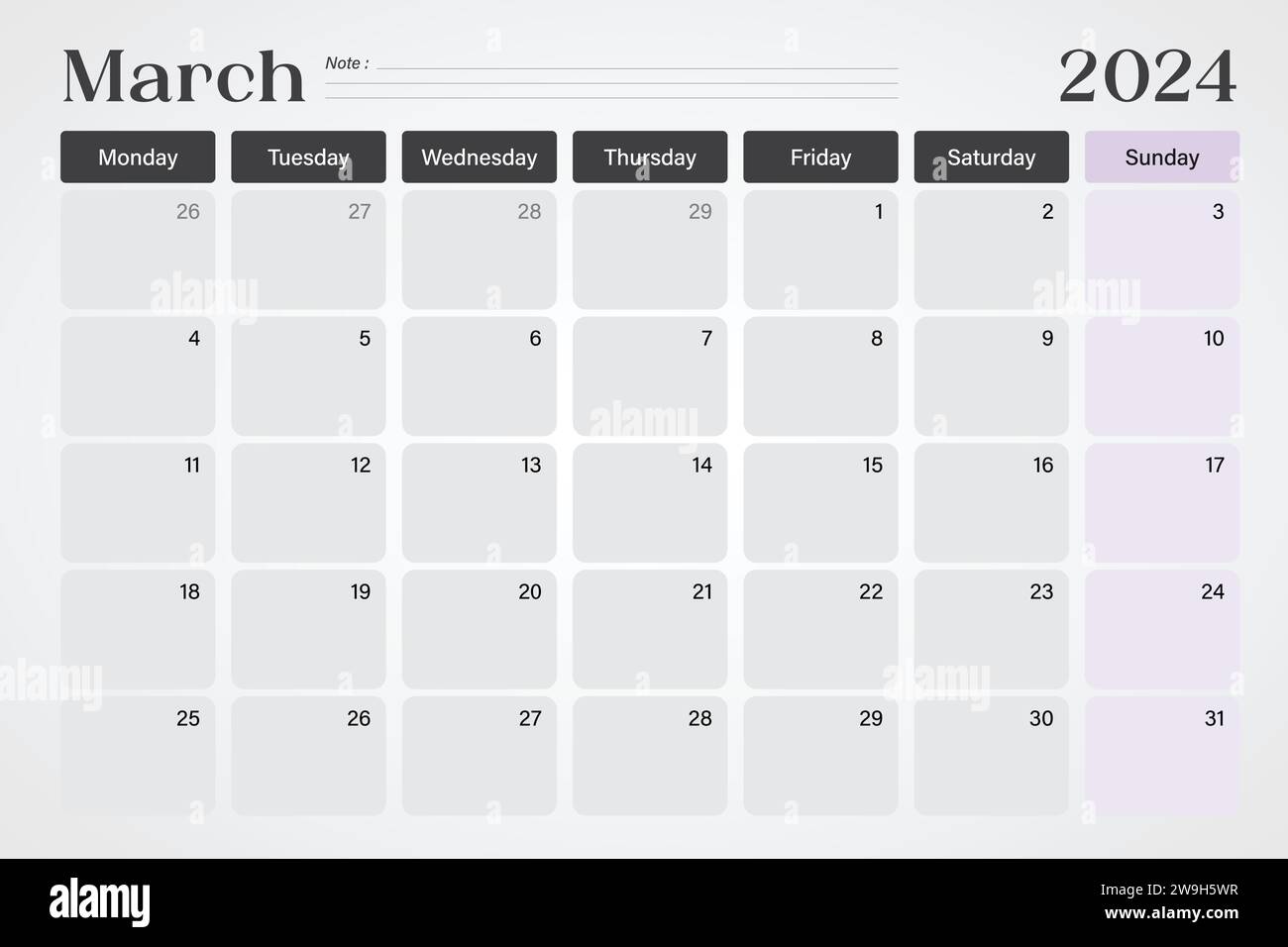 Calendrier de mars 2024 ou planificateur de bureau dans des couleurs gris doux et violet avec des lignes de note vides, les semaines commencent le lundi, conception d'illustration vectorielle Illustration de Vecteur