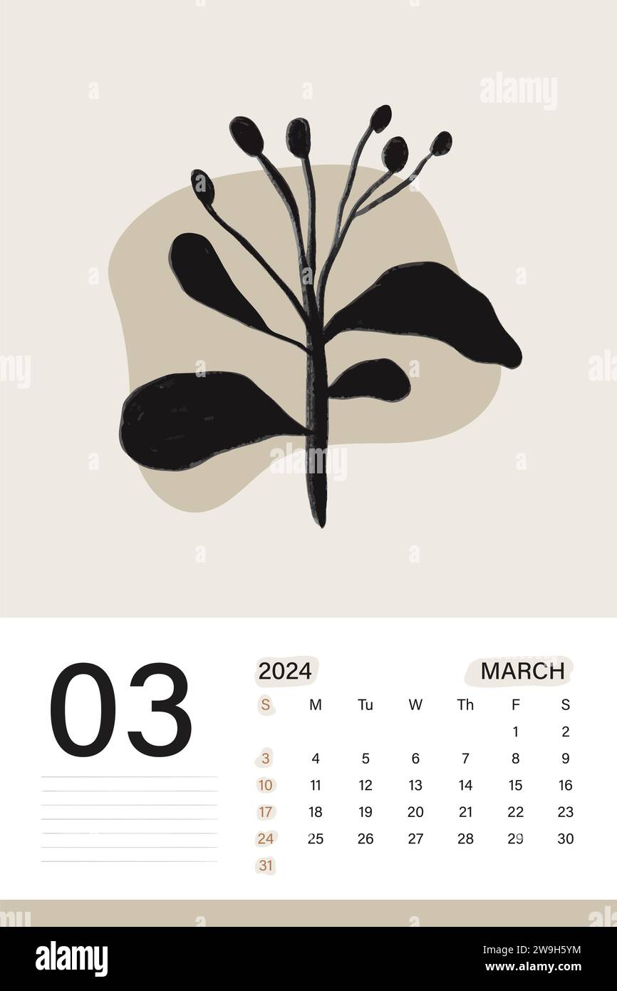 Calendrier mural Mars 2024 en thème de couleur beige doux avec art botanique, les semaines commencent le lundi, conception d'illustration vectorielle Illustration de Vecteur