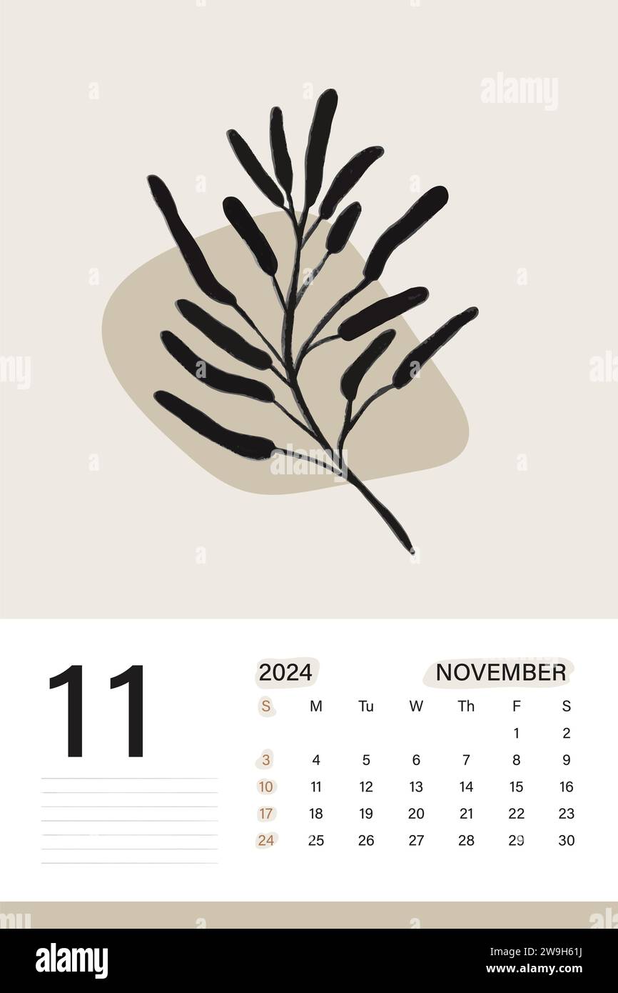 Calendrier mural novembre 2024 en thème de couleur beige doux avec art botanique, les semaines commencent le lundi, conception d'illustration vectorielle Illustration de Vecteur