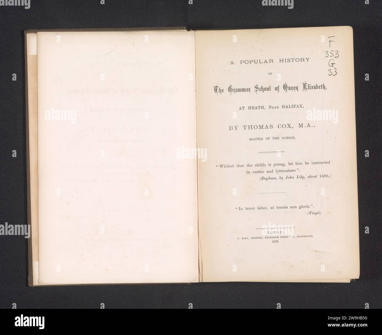 Une histoire populaire du lycée de la reine Elizabeth à Heath, près de Halifax, Thomas Cox, 1879 livre Halifax paper. impression de lin (matériel) Banque D'Images