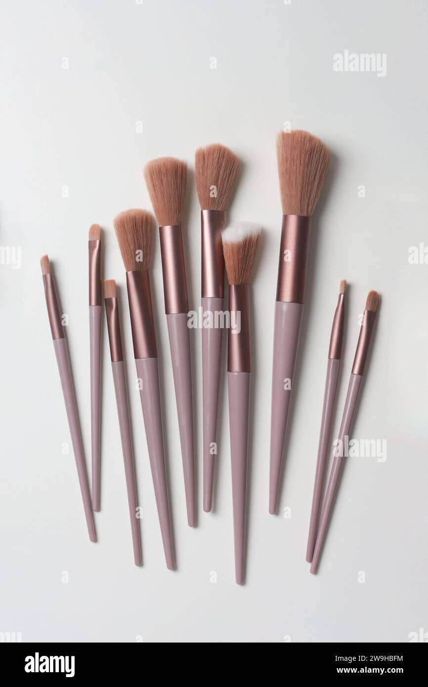 ensemble de pinceaux de maquillage dispersés sur la surface de table blanche, diverses formes et tailles d'outils cosmétiques essentiels conçus à des fins spécifiques, pris st Banque D'Images