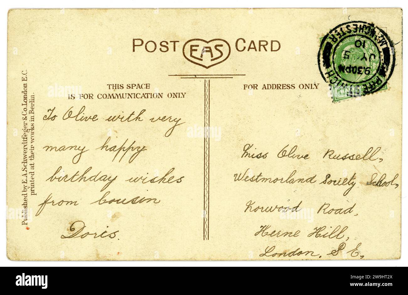 Verso de l'original, carte postale de voeux édouardienne., Prestwich 1910 Banque D'Images