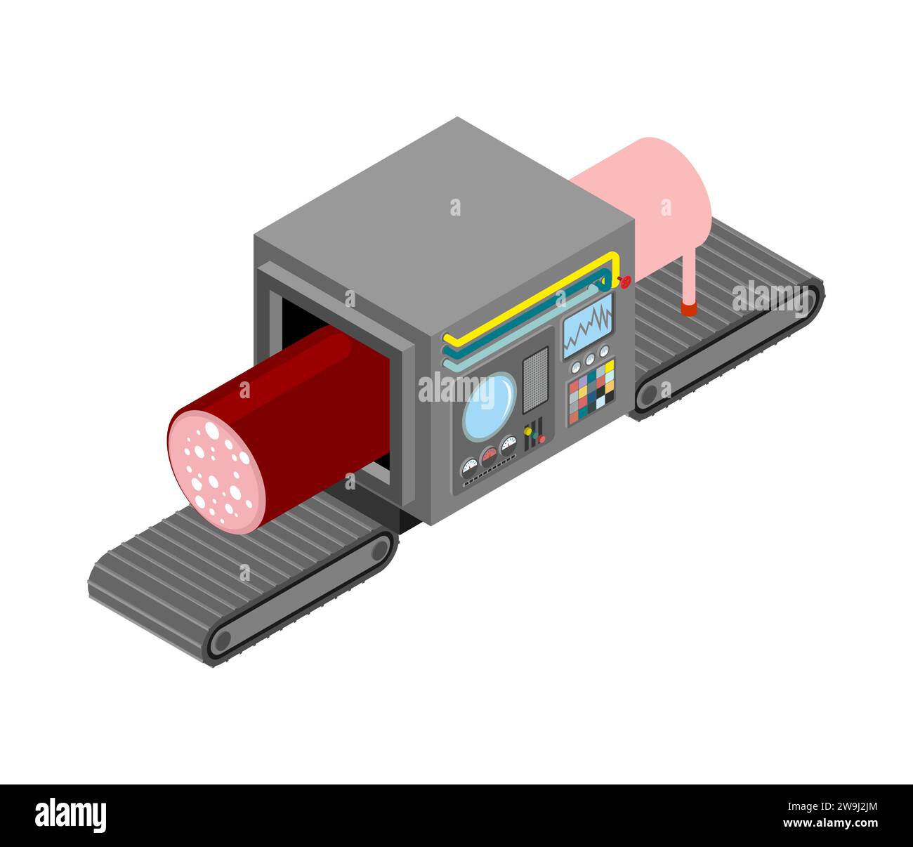 Production automatique de saucisses. Vache et saucisses complexe de production d'équipements technologiques. Produits à base de viande machine d'ingénierie isométrique. Production alimentaire Illustration de Vecteur