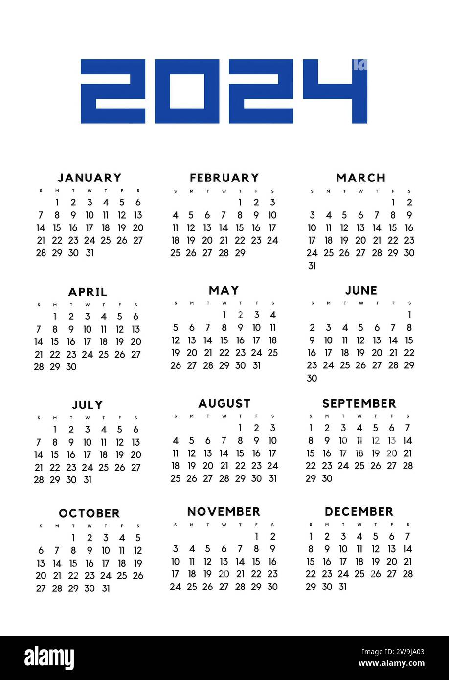 Calendrier anglais 2024 année. Calendrier vertical annuel en anglais