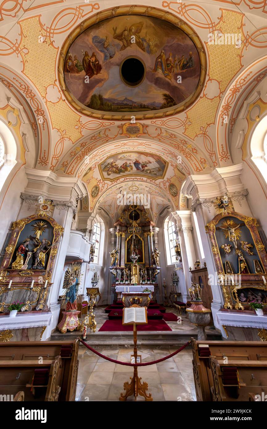 Église paroissiale de St Pankratius, intérieur, voûte, fresque au plafond, station thermale climatique Reit im Winkl, quartier Traunstein, haute-Bavière, Bavière Banque D'Images