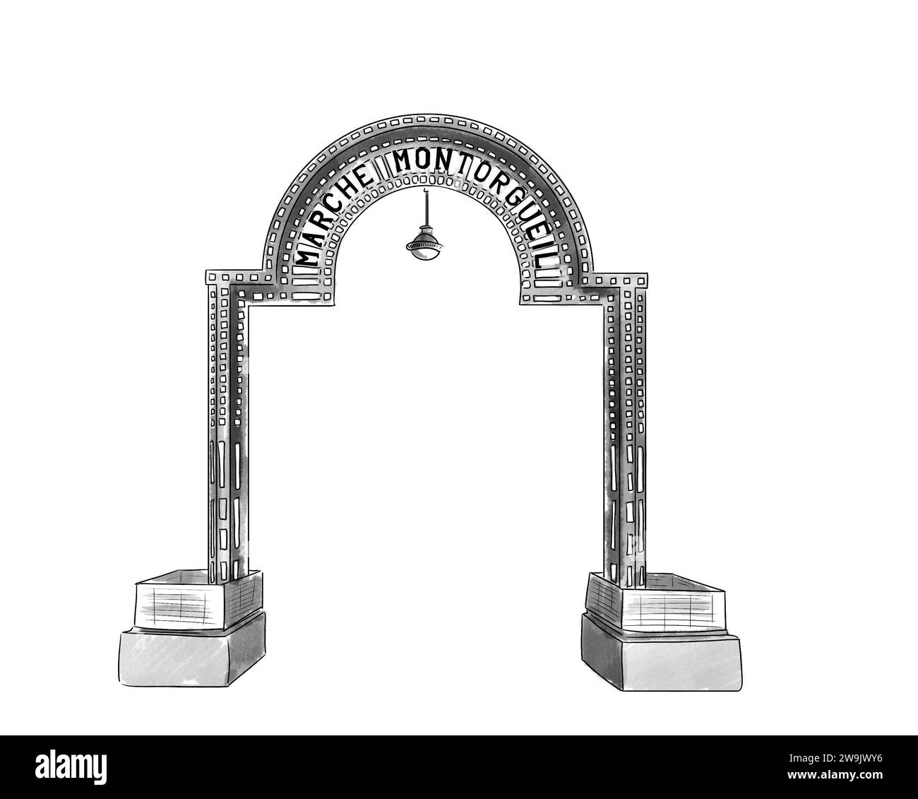 Illustration en noir et blanc de monument de Paris, marché Montorgueil Banque D'Images