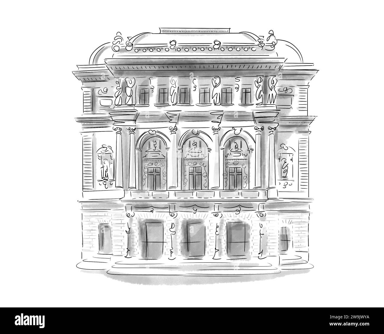 Illustration en noir et blanc de monument de Paris, Opéra comique Banque D'Images