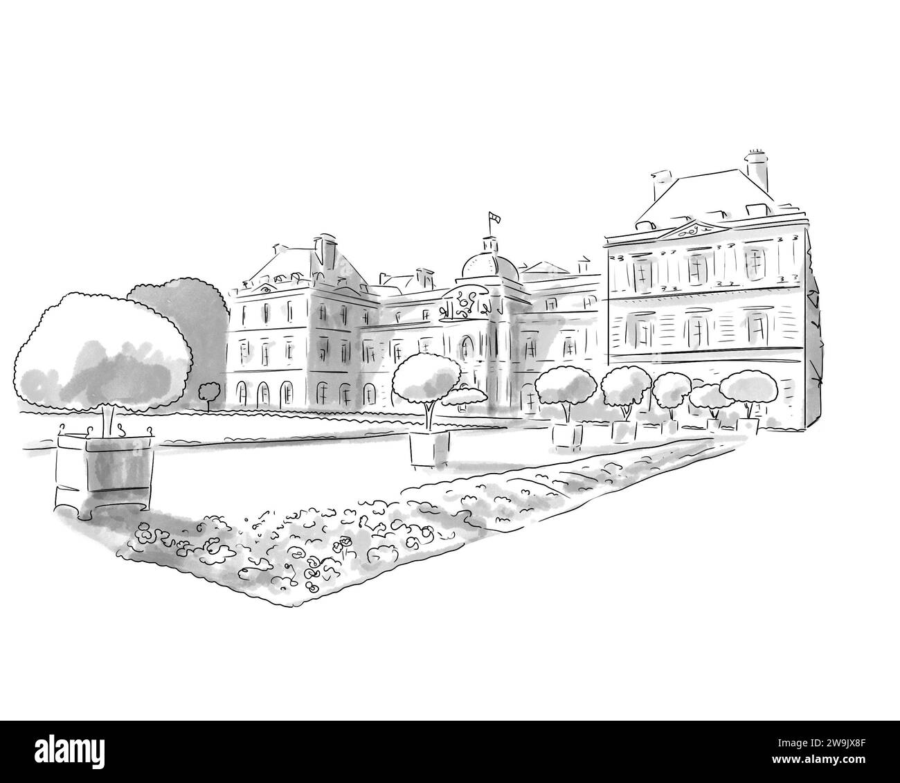 Illustration en noir et blanc de monument de Paris, Palais du Luxembourg Banque D'Images
