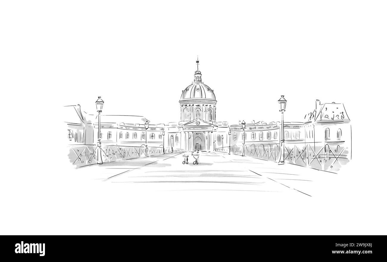 Illustration en noir et blanc de monument de Paris, Pont des Arts et Institut de France Banque D'Images