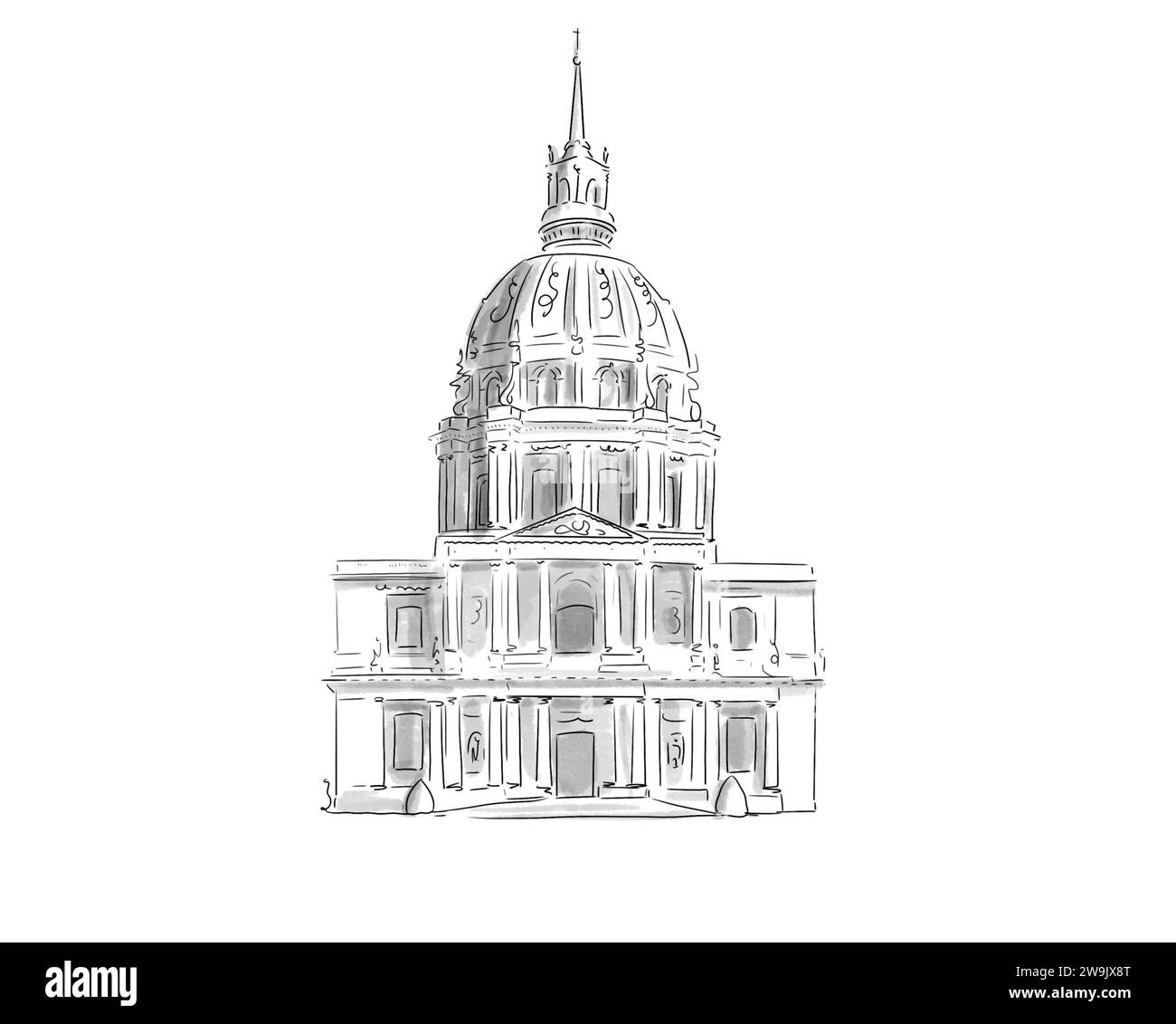 Illustration en noir et blanc de monument de Paris, les Invalides Banque D'Images