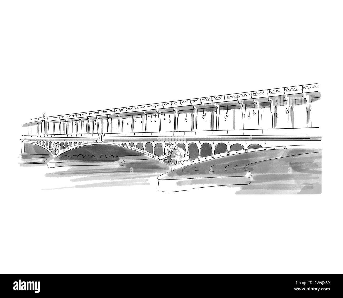 Illustration en noir et blanc de monument de Paris, Pont de Bir-Hakeim Banque D'Images