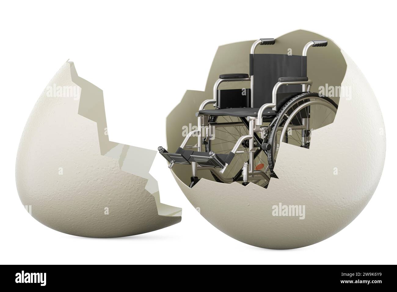 Handicap infantile, concept. Fauteuil roulant manuel à l'intérieur de coquille d'oeuf, rendu 3D isolé sur fond blanc Banque D'Images
