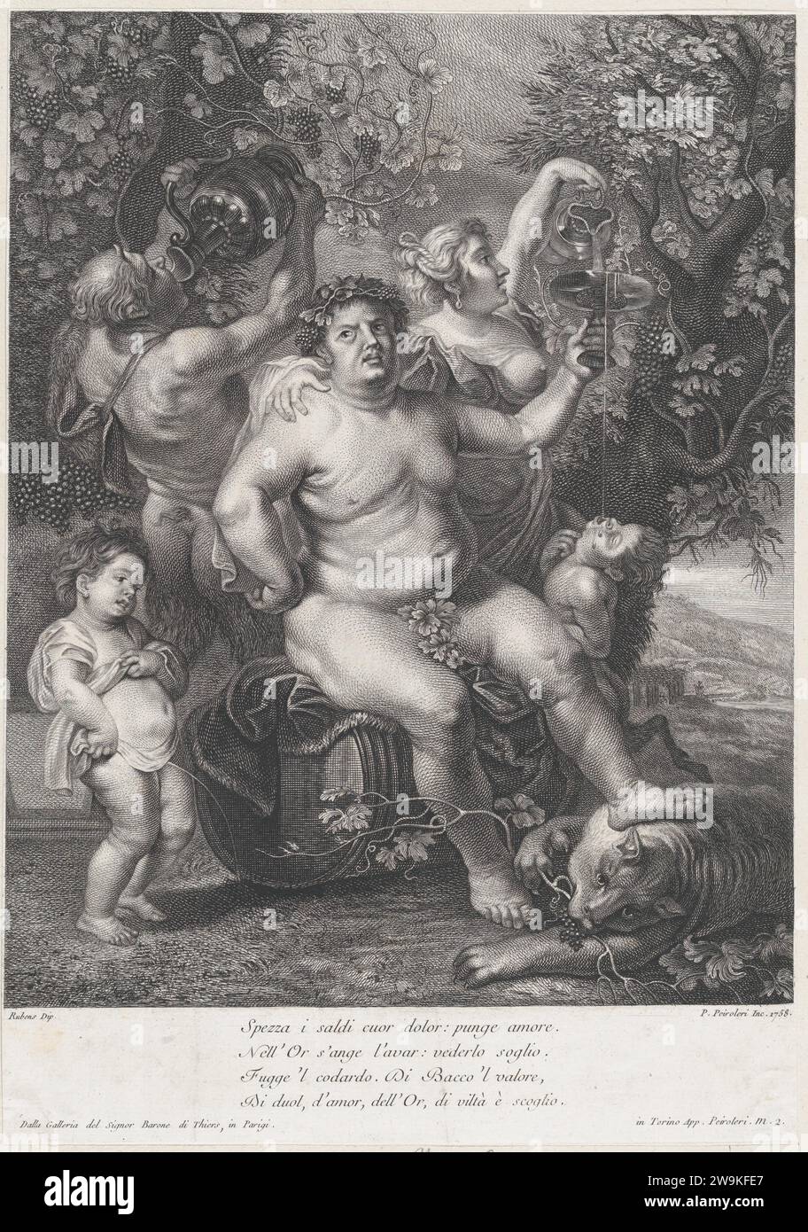 Bacchus assis sur un tonneau devant les vignes, avec des bacchantes, des satyres et des enfants autour de lui 1951 par Pierre Paul Rubens Banque D'Images