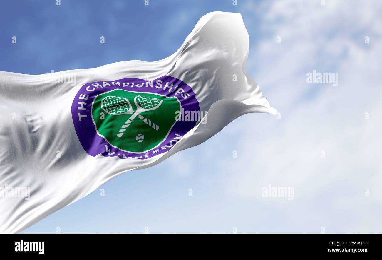 Londres, Royaume-Uni, juillet 3 2023 : le drapeau de Wimbledon des Championnats agitant par temps clair. Wimbledon Championships est un tournoi majeur de tennis. Illustration ed Banque D'Images