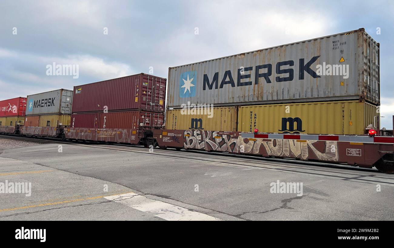 EMPORIA, KANSAS - 28 DÉCEMBRE 2023a train de marchandises Burlington Northern Santa Fe (BSNF) tirant une très longue chaîne de conteneurs maritimes intermodaux, dont un certain nombre appartenant à la compagnie maritime MAERSK en direction ouest vers les ports de la côte ouest en Californie. Crédit : Mark Reinstein/MediaPunch Banque D'Images