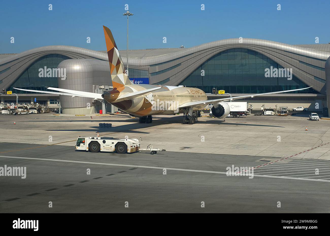 Un paquebot Etihad Boeing Dream à la porte d'embarquement d'Abu Dhabi, émirat arabe Uni Banque D'Images