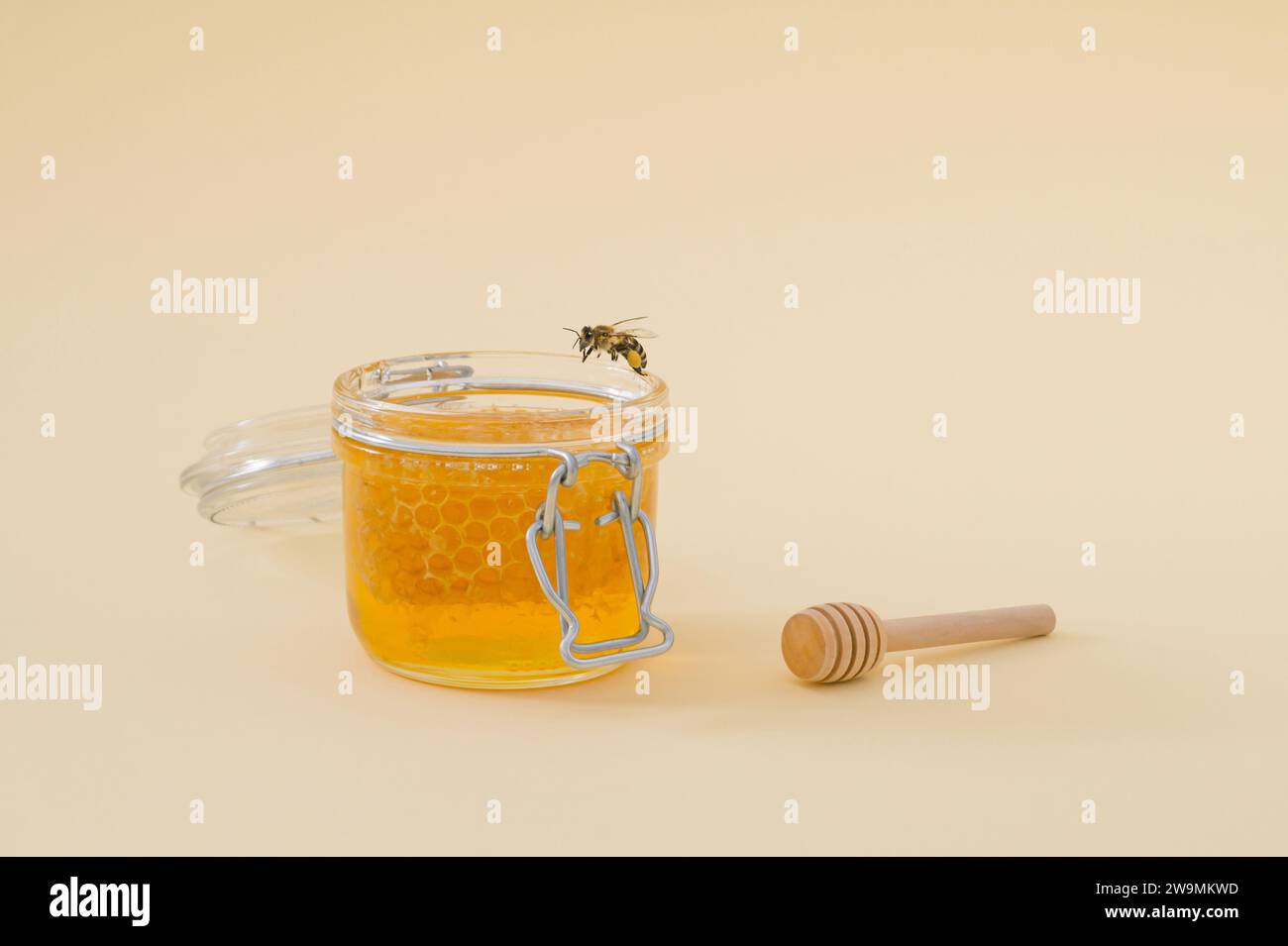 Mise en page créative faite avec un pot plein de miel naturel et de rayons de miel, abeille et plongeur de miel sur fond crème clair. Concept de nature minimal. Banque D'Images