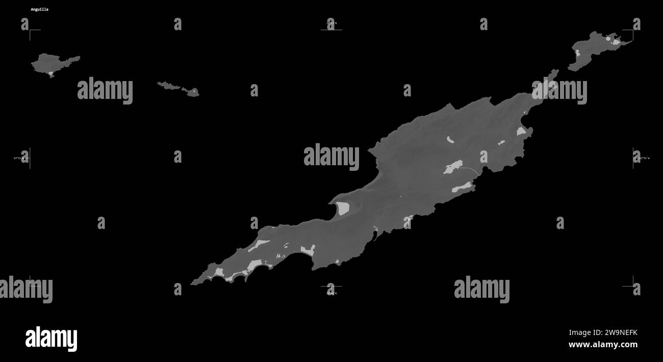 Forme d'une carte d'altitude en niveaux de gris avec les lacs et les rivières de l'Anguilla, avec l'échelle de distance et les coordonnées de la frontière de la carte, isolé sur noir Banque D'Images