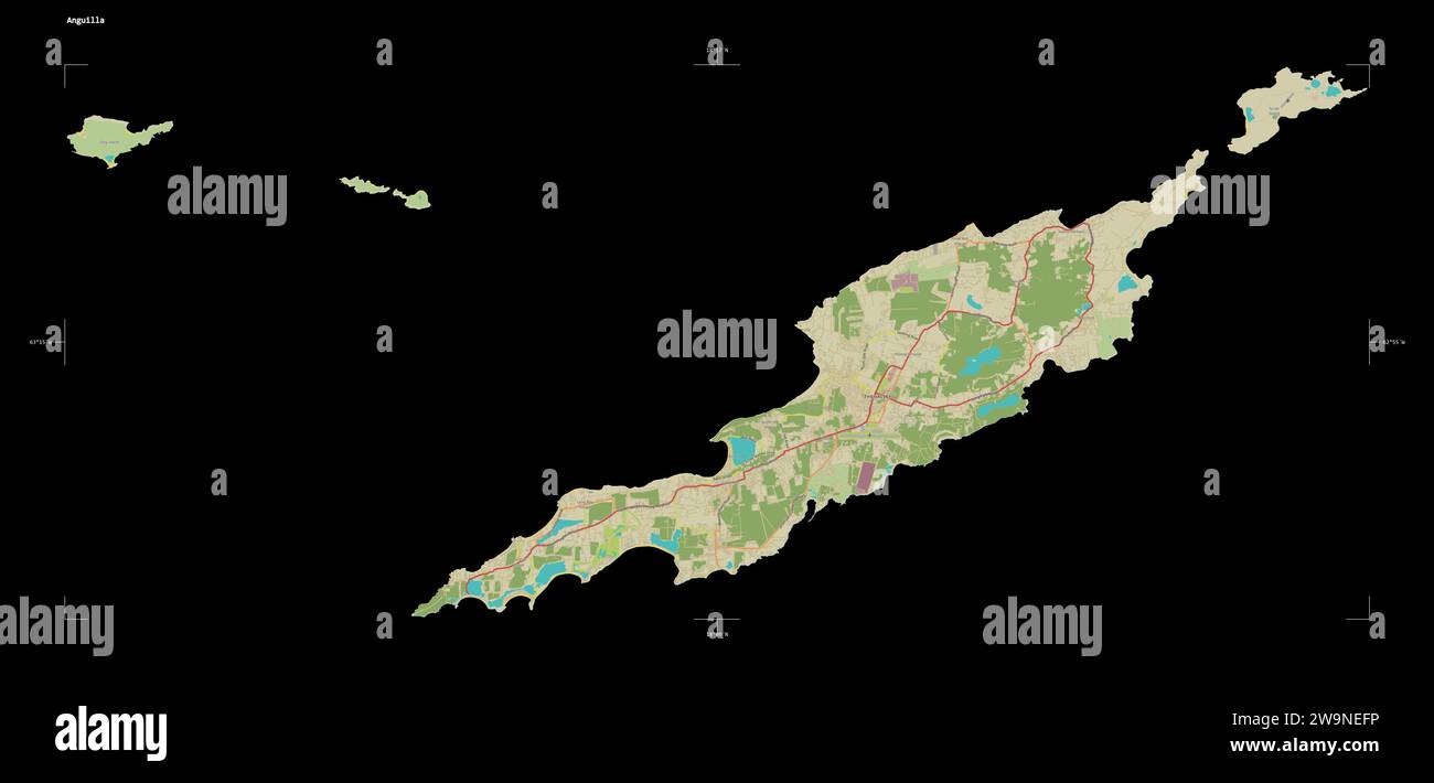 Forme d'une carte topographique, de style OSM humanitaire de l'Anguilla, avec l'échelle de distance et les coordonnées de la frontière de la carte, isolée sur noir Banque D'Images