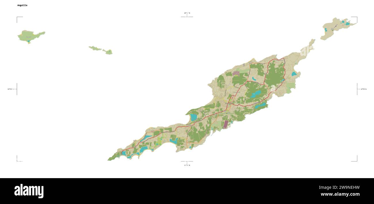 Forme d'une carte topographique, de style OSM humanitaire de l'Anguilla, avec l'échelle de distance et les coordonnées de la frontière de la carte, isolée sur blanc Banque D'Images