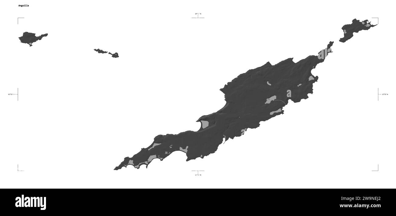 Forme d'une carte d'altitude à deux niveaux avec les lacs et les rivières de l'Anguilla, avec l'échelle de distance et les coordonnées de la frontière de la carte, isolé sur blanc Banque D'Images