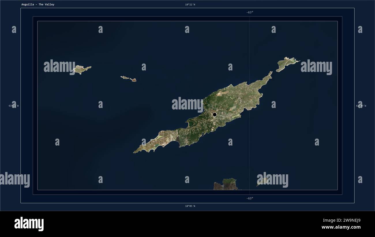 Anguilla mis en évidence sur une carte satellite basse résolution avec le point de la capitale du pays, la grille cartographique, l'échelle de distance et la carte frontière Coordina Banque D'Images