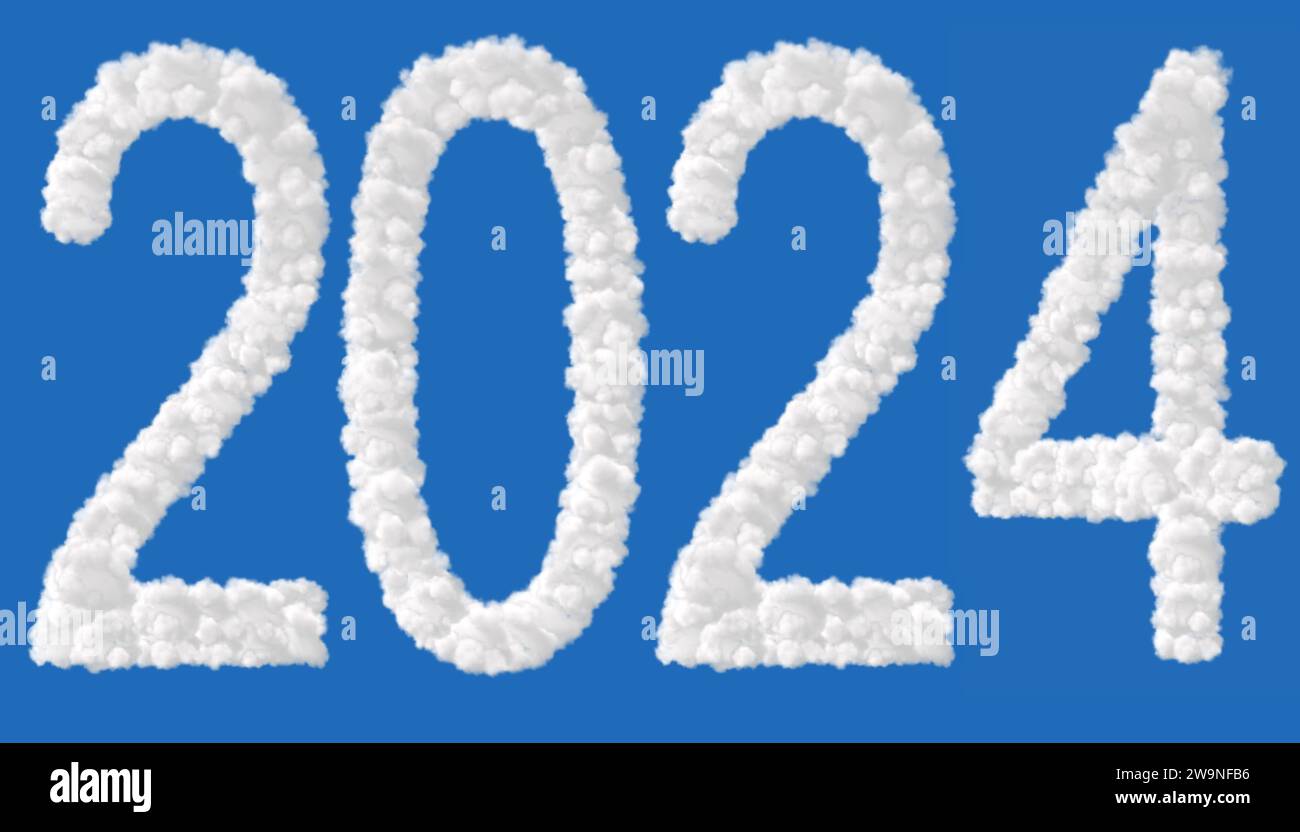 Nouvelle année 2024. Nuages en forme de lettre 2024 isolés sur bleu