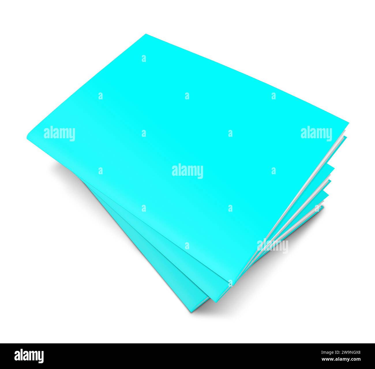 Modèle vierge de magazine cyan pour la mise en page et la conception de la présentation. Rendu 3D. Image générée numériquement. Isolé sur fond blanc. Banque D'Images