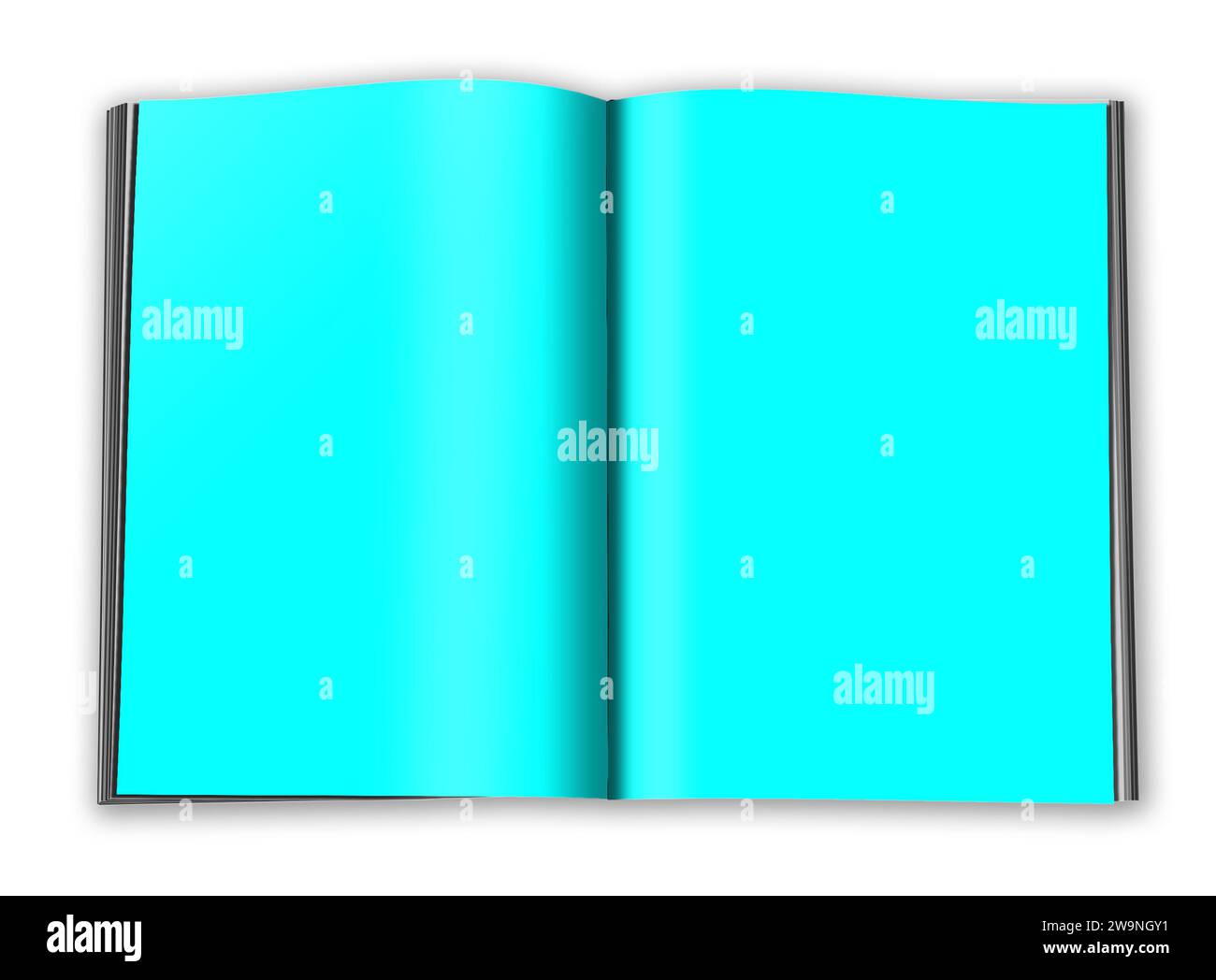 Modèle vierge de magazine cyan pour la mise en page et la conception de la présentation. Rendu 3D. Image générée numériquement. Isolé sur fond blanc. Banque D'Images